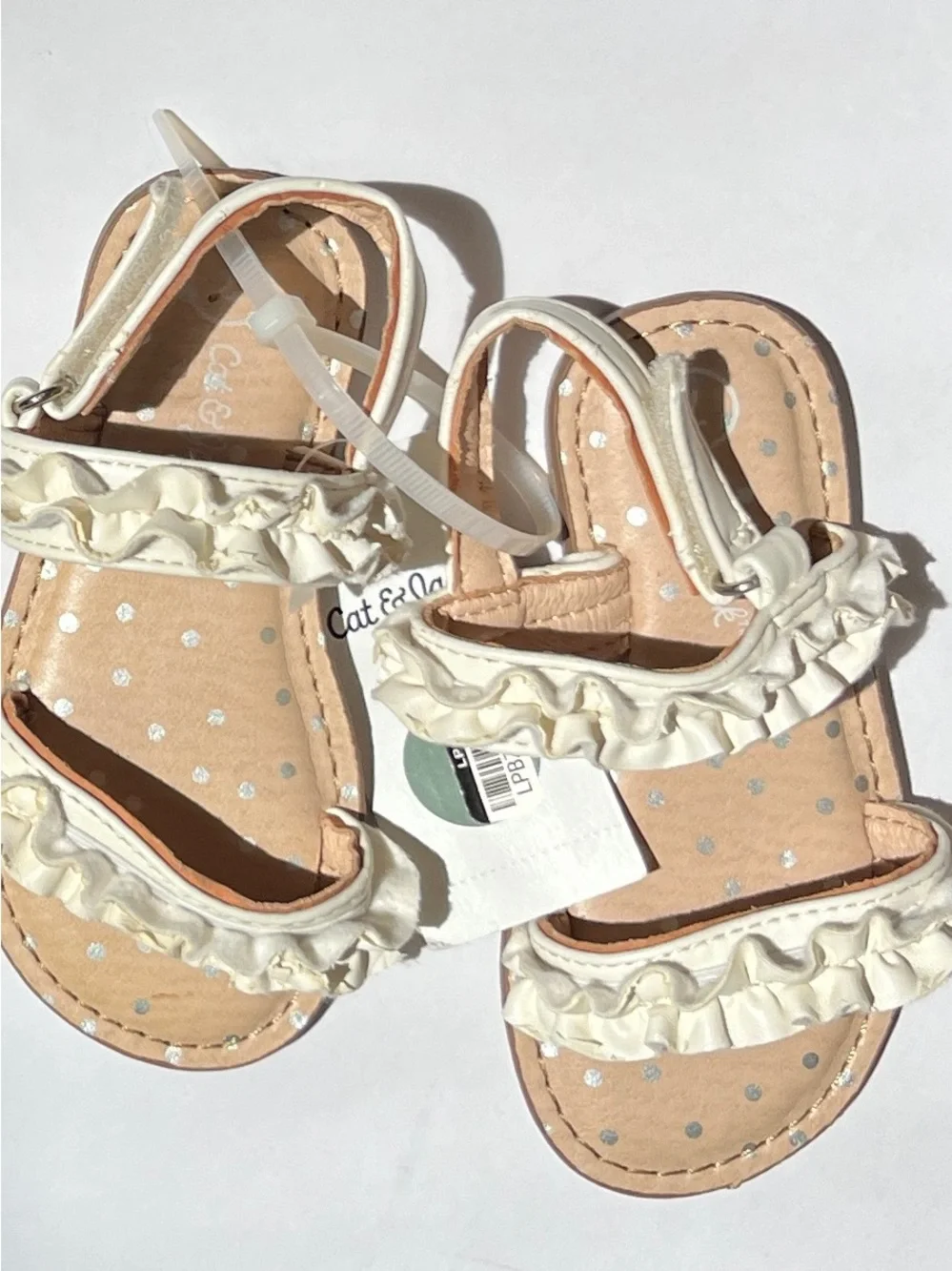 Cat & Jack Cream Ruffle Toddler Sandals with Silver Polka Dots